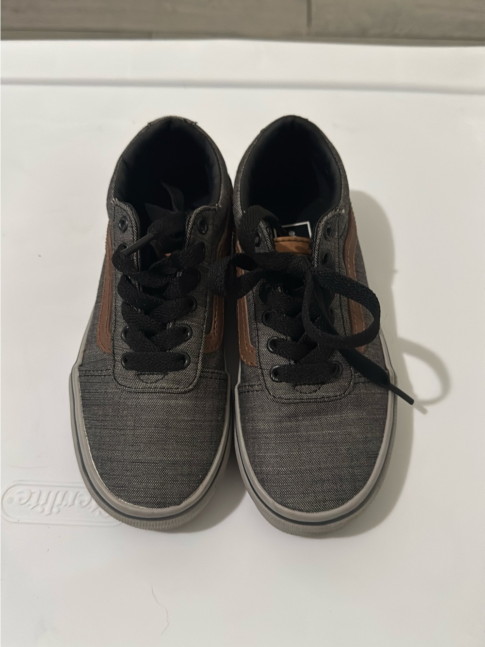 Vans Kids Gray Canvas Sneakers with Brown Stripe